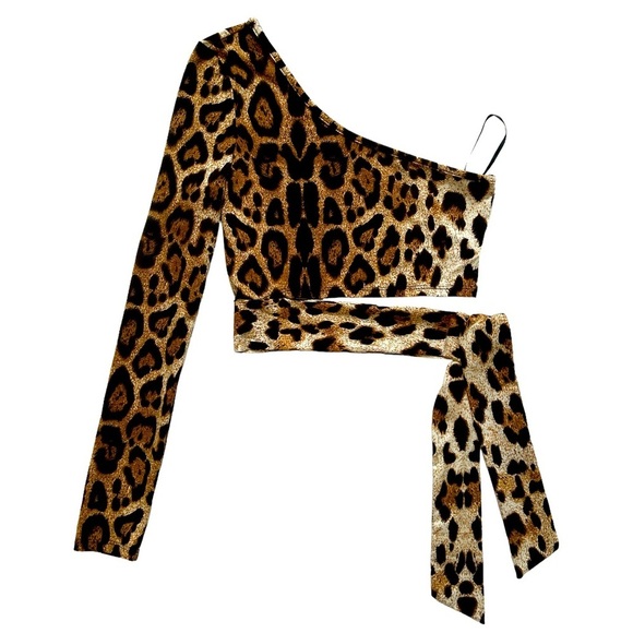 Casual Ladies One Shoulder Long Sleeve Leopard Print Tie up - Picture 1 of 5